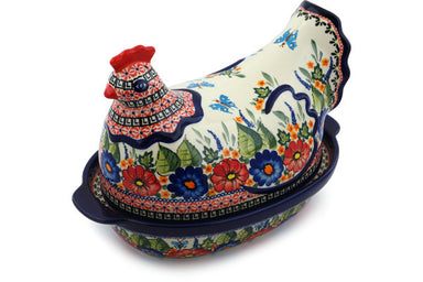 13" Hen Box - Butterfly Garden | Polish Pottery House
