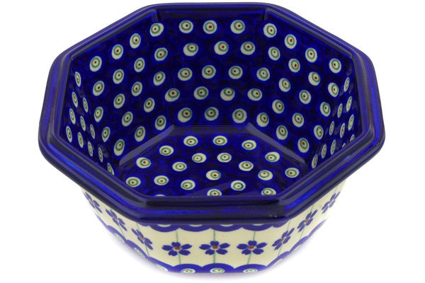 23 oz Octagonal Bowl - Floral Peacock | Polish Pottery House