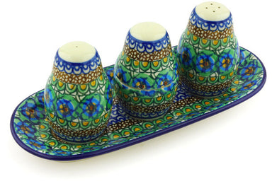 10" Salt and Pepper with Toothpick Holder - Moonlight Blossom | Polish Pottery House