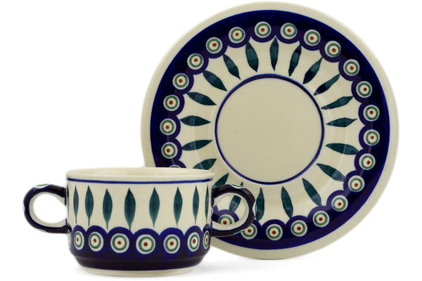 12 oz Soup Cup with Saucer - Peacock | Polish Pottery House