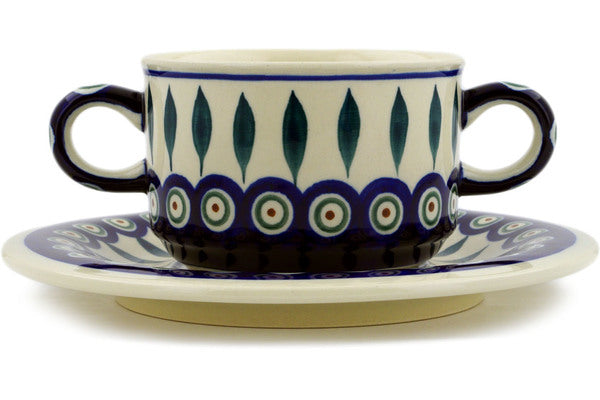 12 oz Soup Cup with Saucer - Peacock | Polish Pottery House