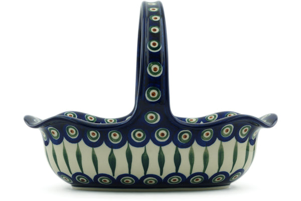 8" Basket with Handle - Blue Peacock | Polish Pottery House