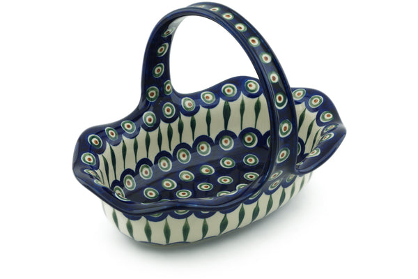 8" Basket with Handle - Blue Peacock | Polish Pottery House