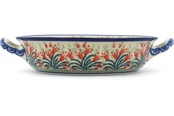 8" Round Baker with Handles - Crimson Bells | Polish Pottery House