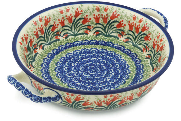 8" Round Baker with Handles - Crimson Bells | Polish Pottery House