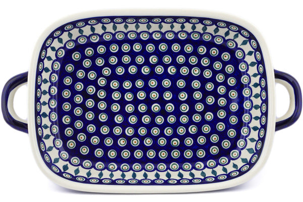 11" x 18" Rectangular Baker with Handles - Peacock | Polish Pottery House