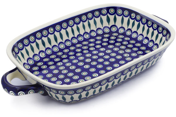 11" x 18" Rectangular Baker with Handles - Peacock | Polish Pottery House